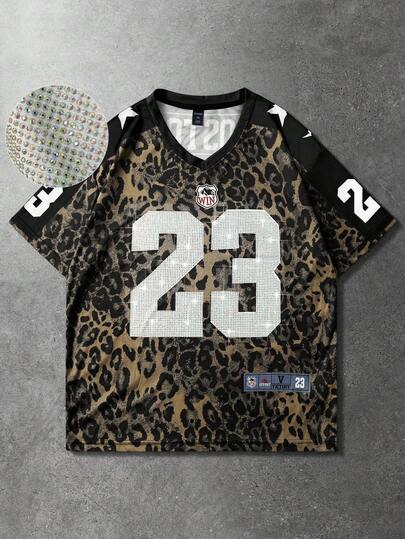 Prep Maglietta a maniche corte da uomo, stile street hip hop, con stampa di slogan e nomi di città americane, su sfondo vintage con motivo animalier leopardato, adatta per uso quotidiano in primavera/estate