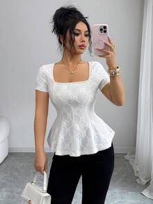 Elenzga New Summer Textured Knit Jacquard Fabric Unique Elegant Elegant Square Neck Waist Slimming Ruffle Hem Casual Daily Versatile Short Sleeve Spring Women T-Shirt - Apricot - View 6