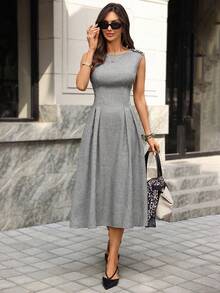 Editum Đầm chữ A không tay, thắt eo, có túi, thanh lịch dành cho nữ, chất liệu mềm mại như vải lanh, thích hợp cho công sở, giảng dạy và nhiều dịp khác. - Xám - Xem 9
