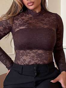 Maria Perezxox Women's Floral Lace Stand Collar Long Sleeve Sexy Bodysuit - Coffee Brown - View 6