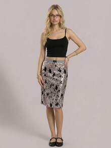 SHEIN Unity Spring Autumn Black And Silver Velvet Shiny Sequin Skirt,Adjustable Elastic Waist,Seksi Chic Night Out Elegant Party Office Business 90s Retro Skirt - Grey - View 4