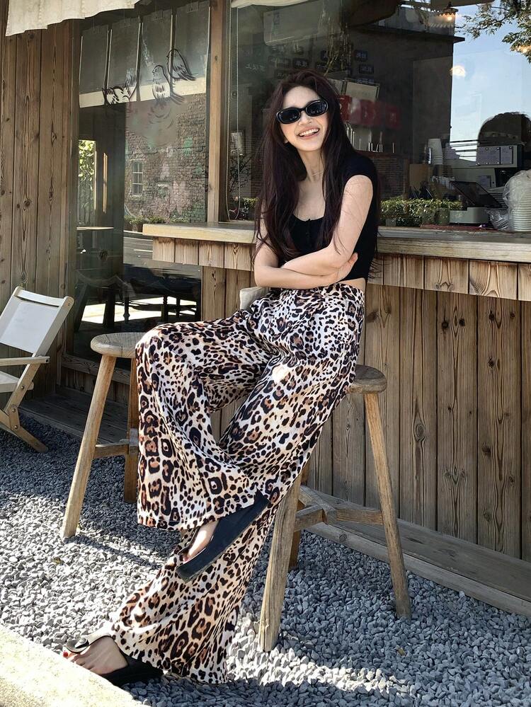Women's High Waist Loose Satin Belted Allover Leopard Print Palazzo Pants