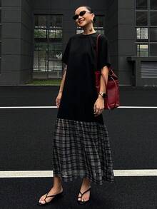 DAZY 女式格纹拼布圆领中长款T恤连衣裙 - 黑色 - 查看 8