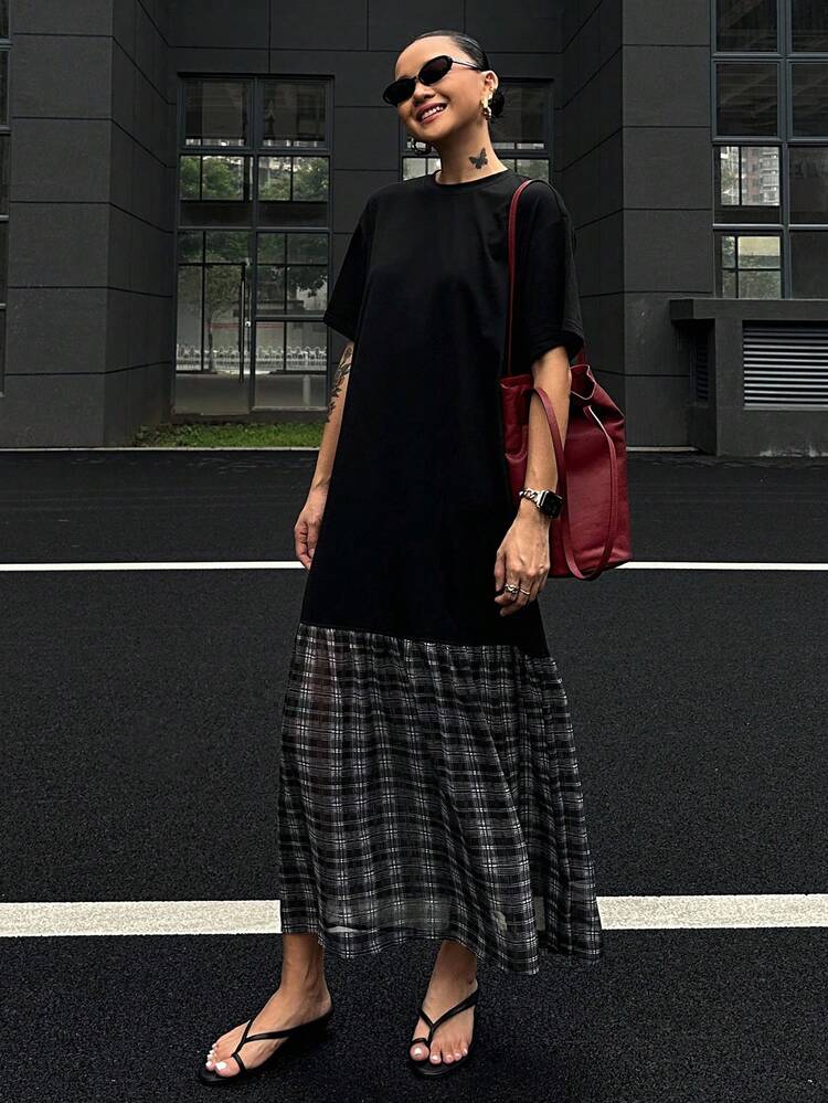 Plaid Patchwork Crew Neck Midi T-Shirt Dress For Women
