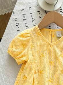 LMoss Kids 女婴可爱夏季蝴蝶结条纹短袖上衣和松紧腰裤套装 - 黃色 - 查看 4