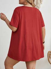 SHEIN CURVE+ Áo thun tay ngắn cổ tròn màu trơn cỡ lớn, kiểu dáng thường ngày, đa năng. - Gỗ đỏ - Xem 2