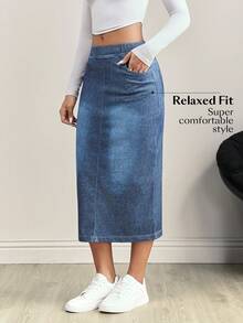 Flexra Women's Elastic Waist Pocket Slit Drawstring Denim Casual Skirt - Dusty Blue - View 3