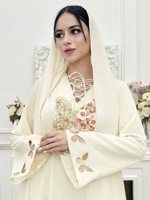 Yasmyna رمضان فستان أنيق بأكمام طويلة وياقة ربطة عنق مزين بترتر على شكل فراشة بطراز عربي - لون مشمشي - مشاهدة 4