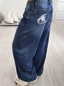 StreetHx Jeans de pierna ancha de uso diario versátil y casual con bordado de estrella de cinco puntas y bolsillos para mujer - Azul lavado oscuro - Ver 5