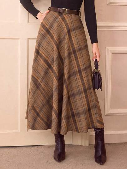 Vintamour Vintage Elegant Women High Waist Plaid Skirt With Pockets Casual A-Line Flare Skirt Homecoming Going Out Skirt Christmas Outfits Fall Skirts Fall Clothes Long Fall Skirt Brown Skirt Women Outfits Thanksgiving Skirt Maroon Skirt Long Skirt Winter Skirt Winter Women Clothes Plaid Skirt Fall Women Outfits Spring Outfit Women Spring Break Outfits Spring Clothing Spring Dress Women