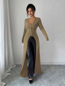 Elenzga Áo khoác cardigan nữ mùa thu/đông, kiểu dáng thường ngày, đa năng, thanh lịch, ôm sát, dài, chất liệu dệt kim nhẹ. - Màu Khaki - Xem 6