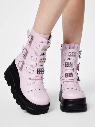 Grunge Punk 2025 Nuovi stivali di moda con suola spessa in pelle PU scura punk, stivali corti gotici sottili per donna, autunno/inverno