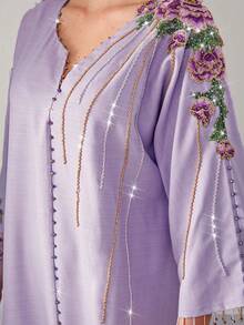 Layrah 花卉刺绣七分袖宽松优雅阿拉伯风格粘胶亚麻连衣裙，浅紫色 - 淡紫色 - 查看 6