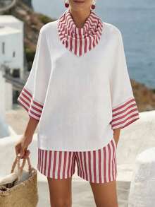 Balvessa Conjunto informal de 2 piezas de shorts holgados con rayas y contraste de color para vacaciones - Rojo y blanco - Ver 9