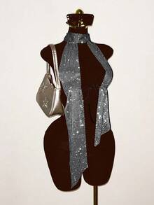 EgrlEra Áo tank top lưới đính đá cho nữ, gợi cảm, xuyên thấu, lấp lánh, thích hợp cho các bữa tiệc ngày lễ. - màu đen - Xem 5