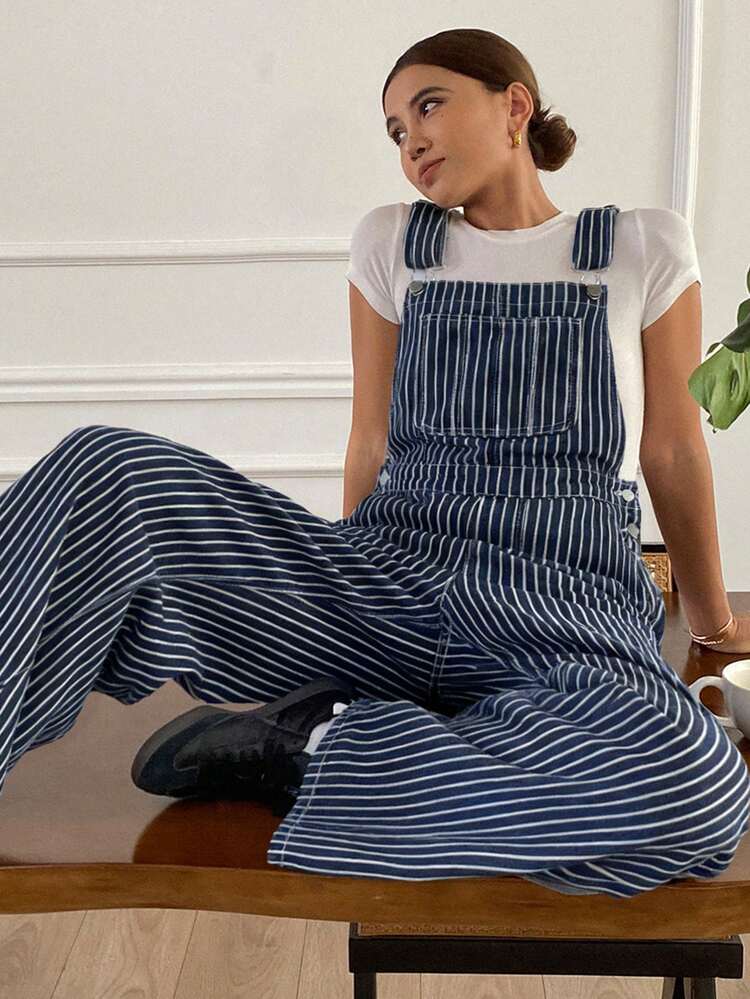 Women's Casual Striped Pocket Denim Bib Pants, Summer