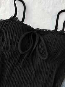 Tween Girls Black Textured Knit Bowknot Lace Camisole Tank Top, Layering Or Standalone, Back To School, Vacation & Casual Wear - Black - View 7