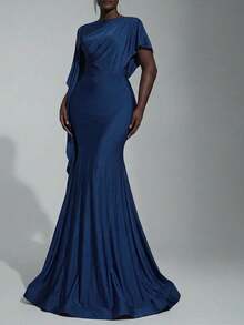 Elitara Plus Size Elegant Luxurious Navy Blue Satin Ruffle Sleeve Sexy Mermaid Hem Bridesmaid Dress - Blue - View 8