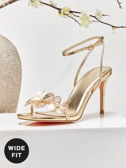 SHUZIA Women's Wide-Fit Flower Decor Stiletto Everyday Party Sexy Beach Elegant Metallic PU Gold High Heeled Sandals For Christmas