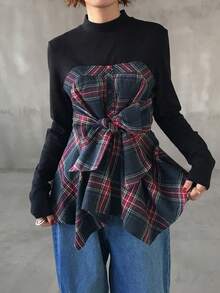 FRIFUL Plaid Patchwork High Neck Long Sleeve Waist Tie Cinched Waist Slimming Casual Versatile Shirt - Blue - View 3