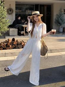 DAZY Women's Embroidered Lace Blouse & A-Line Skirt Set, Sweet & Elegant Hollow-Out Floral Embroidery Crop Top & Skirt 2-Piece Outfit Summer - White - View 6