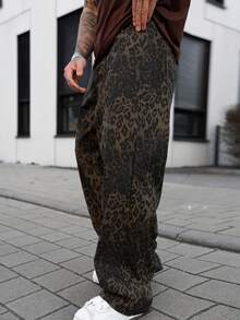 Artur Kramer Men Denim Jeans With Leopard Print, Retro Fashion Casual Loose Straight Leg Pants, Grunge - Brown - View 3