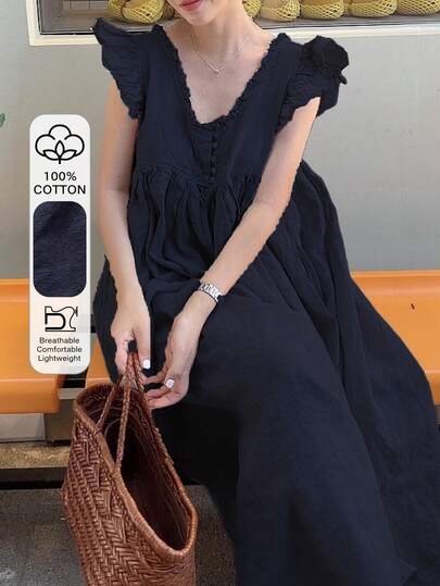 FRIFUL Women's Solid Color Front Button Sleeveless Pleated Casual Dress Summer Sundress