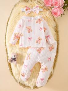 SHEIN 3件套女婴可爱甜美圆领蕾丝边长袖上衣+裤子+发带套装，粉色条纹樱桃印花图案，婴儿女童服装，休闲舒适，时尚简约，实用多功能，柔软舒适，是送给宝宝的绝佳礼物，每个宝宝的必备单品，适合所有季节，可户外穿着 - 杏色 - 查看 2