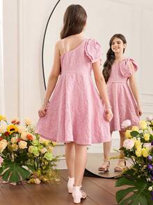 SHEIN 少女休闲优雅欧根纱串珠泡泡袖公主裙，杏色 - 杏色 - 查看 4