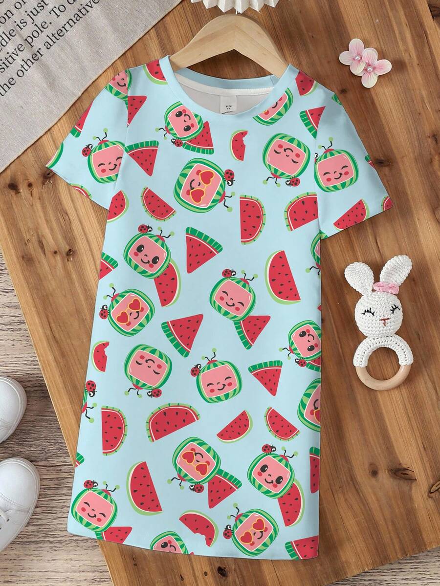 CoComelon X SHEIN Young Girl Watermelon & Cartoon Print Short Sleeve Dress - White - View 1