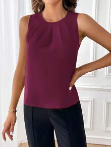 SHEIN Clasi 女士纯色简约无袖衬衫，休闲日常穿着 - 中紫紅色 - 查看 6