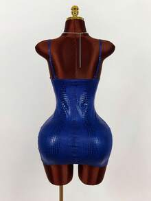 Amplova 蛇皮纹理亮面涂层加厚胸衣紧身迷你连衣裙 - 藍色 - 查看 2