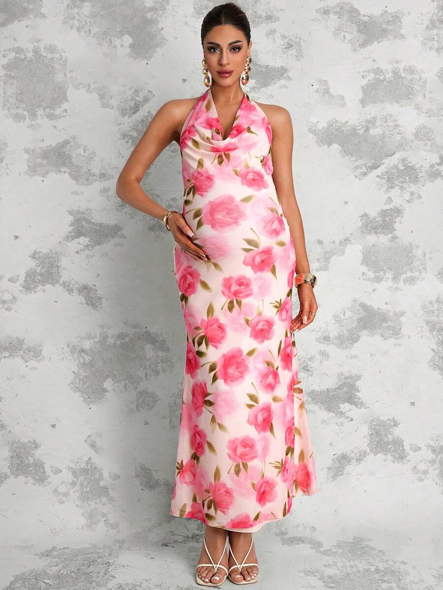 MaterniChic Turtleneck Fitted Long Maternity Dress - Pink - View 1