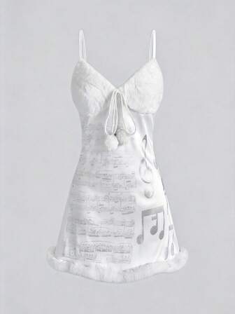 J-Fashion Gyaru Y2K Abihimekaji abnehmbares 2-in-1 Felliges Musikalische Note Muster Kurzes Kleid, geeignet für Winteroutfits