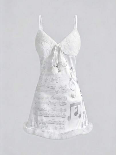 J-Fashion Gyaru Y2K Abihimekaji abnehmbares 2-in-1 Felliges Musikalische Note Muster Kurzes Kleid, geeignet für Winteroutfits