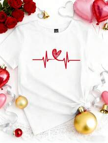 Manfinity Homme Unisex Valentine's Day Red Heart Electrocardiogram White Crew Neck Short Sleeve T-Shirt, Romantic Date Couple Outfit - White - View 3