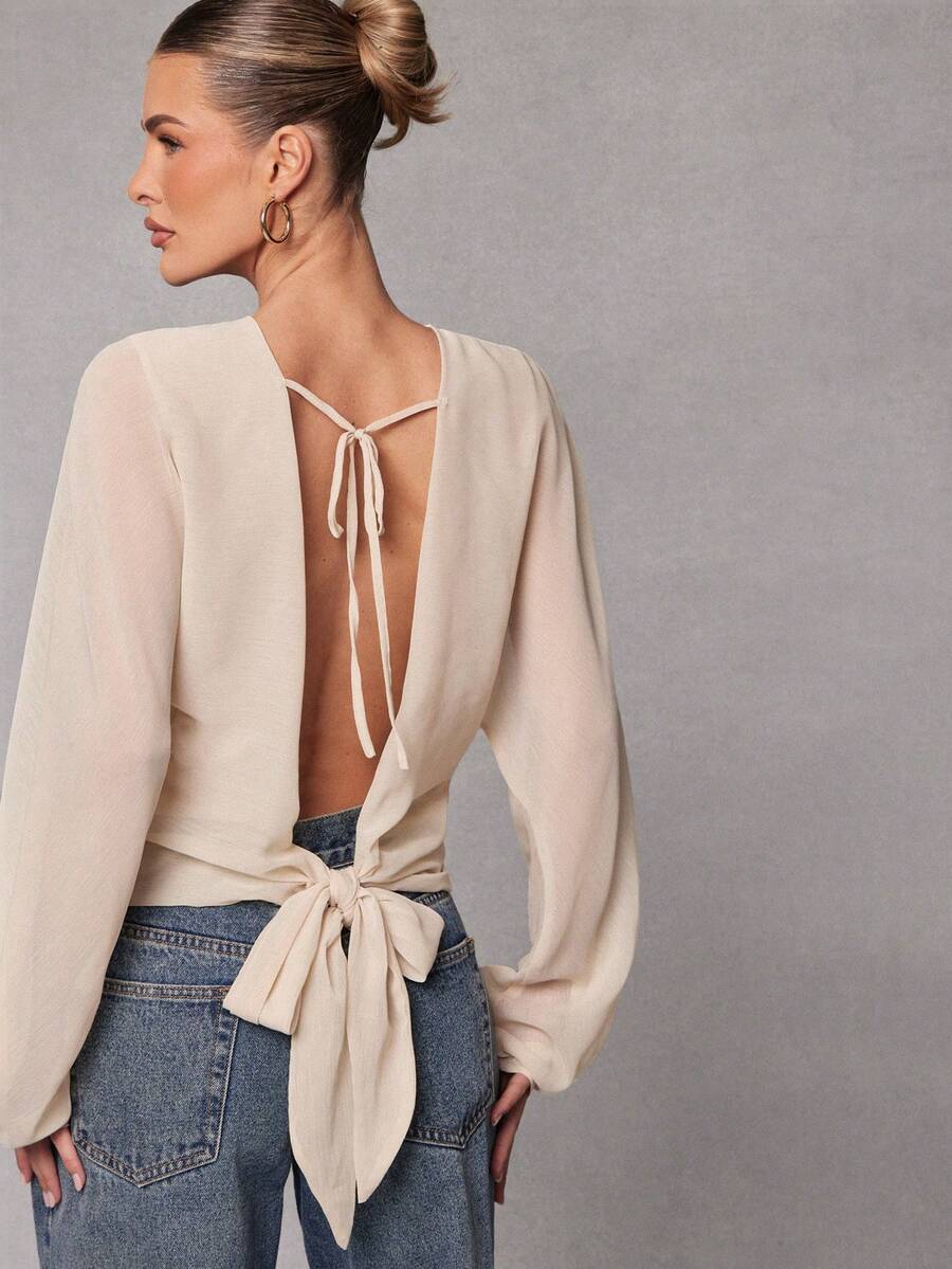 Hauture 女士薄纱奶油黄雪纺露背系带长袖衬衫 - 淡黃色 - 查看 1