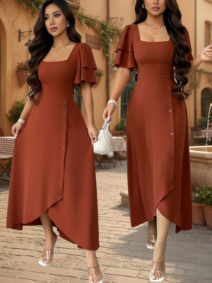 Rafferiza 女士法式方领修身荷叶边短袖连衣裙，复古不对称下摆纽扣设计，优雅百搭，适合通勤、约会、度假和外出穿着。 - 橘色 - 查看 1