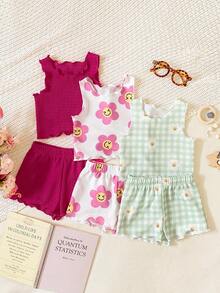 SHEIN 6件套女婴幼儿0-3岁休闲日常基础款度假柔软波浪针织面料无袖上衣背心T恤短裤6件套，杏色、春绿色、黑色3色套装 - 彩色 - 查看 9