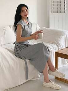 DAZY Women's Solid Color Round Neck Cap Sleeve Side Knot Casual Mid-Length Dress Sundress - Grey - View 6