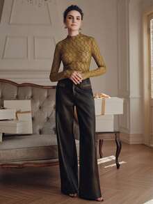 Anewsta 女士性感优雅菱形纹理薄纱长袖上衣，适合派对、约会、春季穿着 - 黃色 - 查看 5