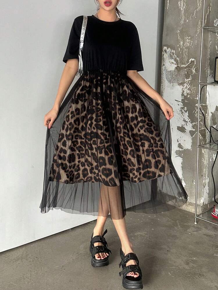 Leopard Print Contrast Mesh Loose Midi Dress For Women Sundress,Casual Women Dresses