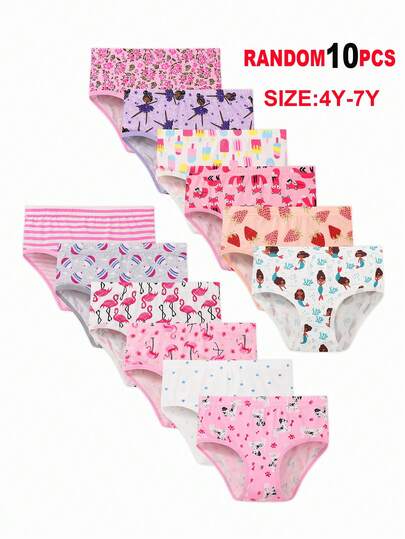 10条/套 女孩卡通草莓美人鱼印花舒适纯棉三角裤，款式多样，适合所有季节