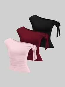 Sweetra 3件套女士纯色休闲简约斜肩上衣套装 - 彩色 - 查看 1