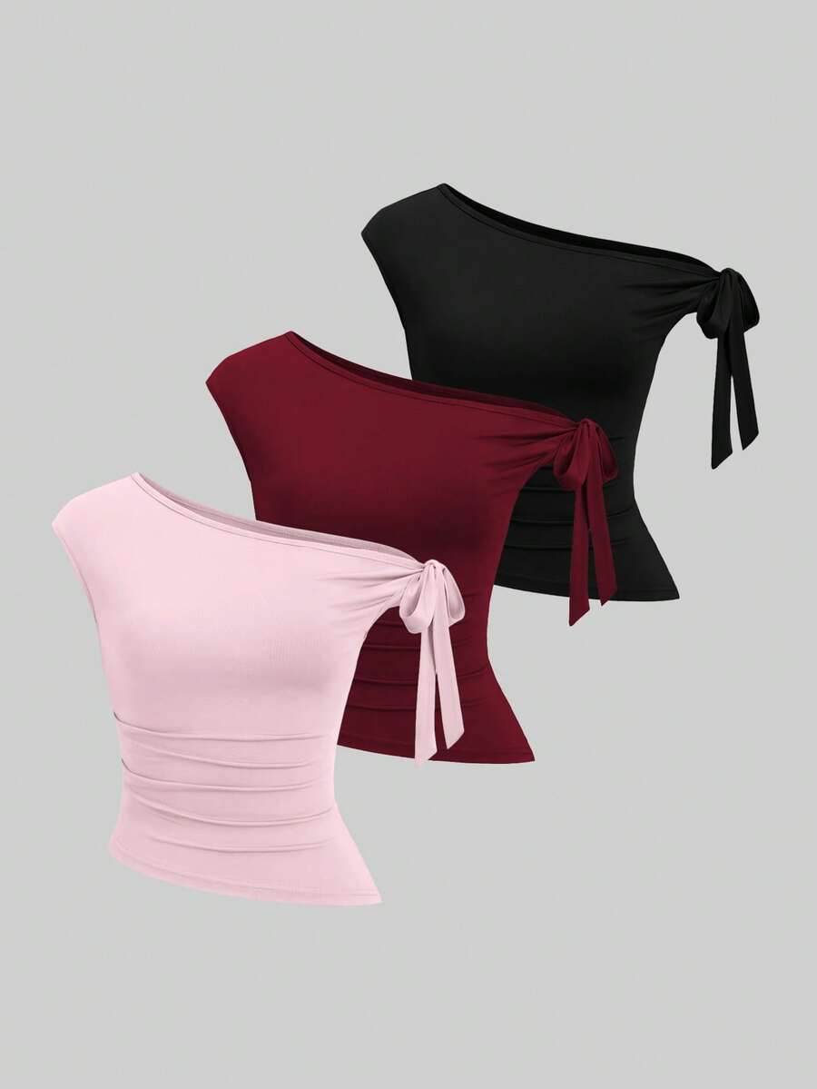 Sweetra 3件套女士纯色休闲简约斜肩上衣套装 - 彩色 - 查看 1