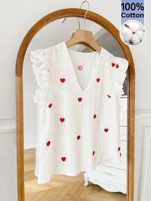 SHEIN Frenchy Women's Casual Heart Embroidery Textured Ruffle Hem Blouse, Summer - White - View 7