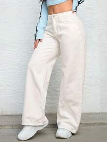 SHEIN Teen Girl Girl's Pocketed Button Casual Versatile Daily Wear Wide Leg Jeans - Apricot - View 4