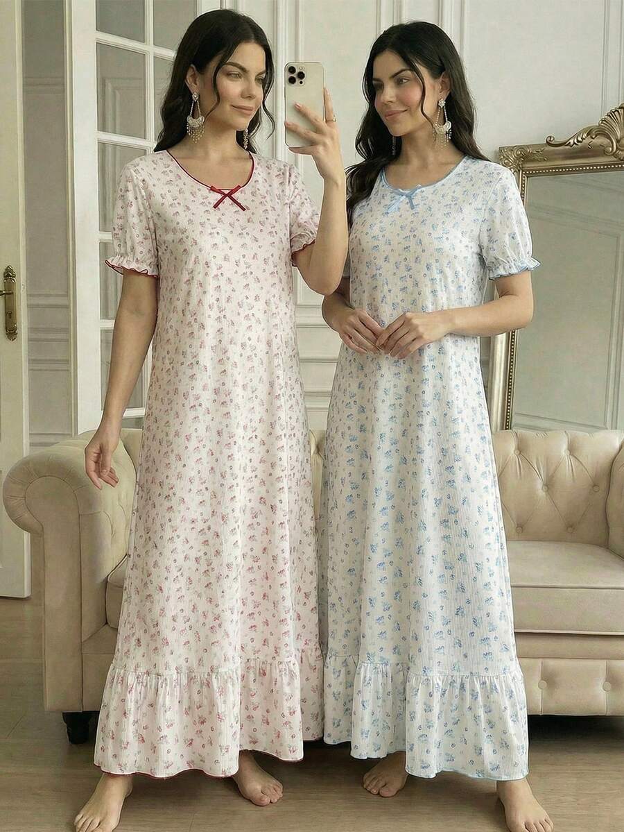 少女白色底碎花长款睡袍家居服 - 紅白色 - 查看 1
