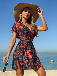 Swim Lushoire Gaun Penutup Lengan Kelelawar Motif Tanaman Tropis untuk Wanita - Merah - View 4