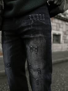 Artur Kramer Men's Button Front Pocket Elastic Distressed Denim Jeans, Emo Style, Grunge - Black - View 3